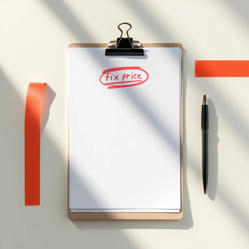 A printed scope document with its fixed price circled in red marker beside a pen and a clipped stack of agreements